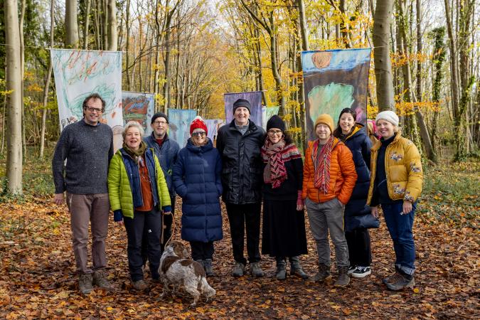 a group of people in the woods